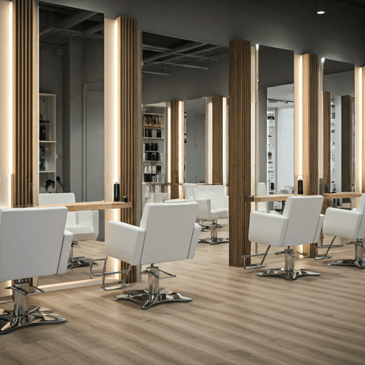 Interno di un salone di bellezza moderno e luminoso, con stazioni di taglio in primo piano
